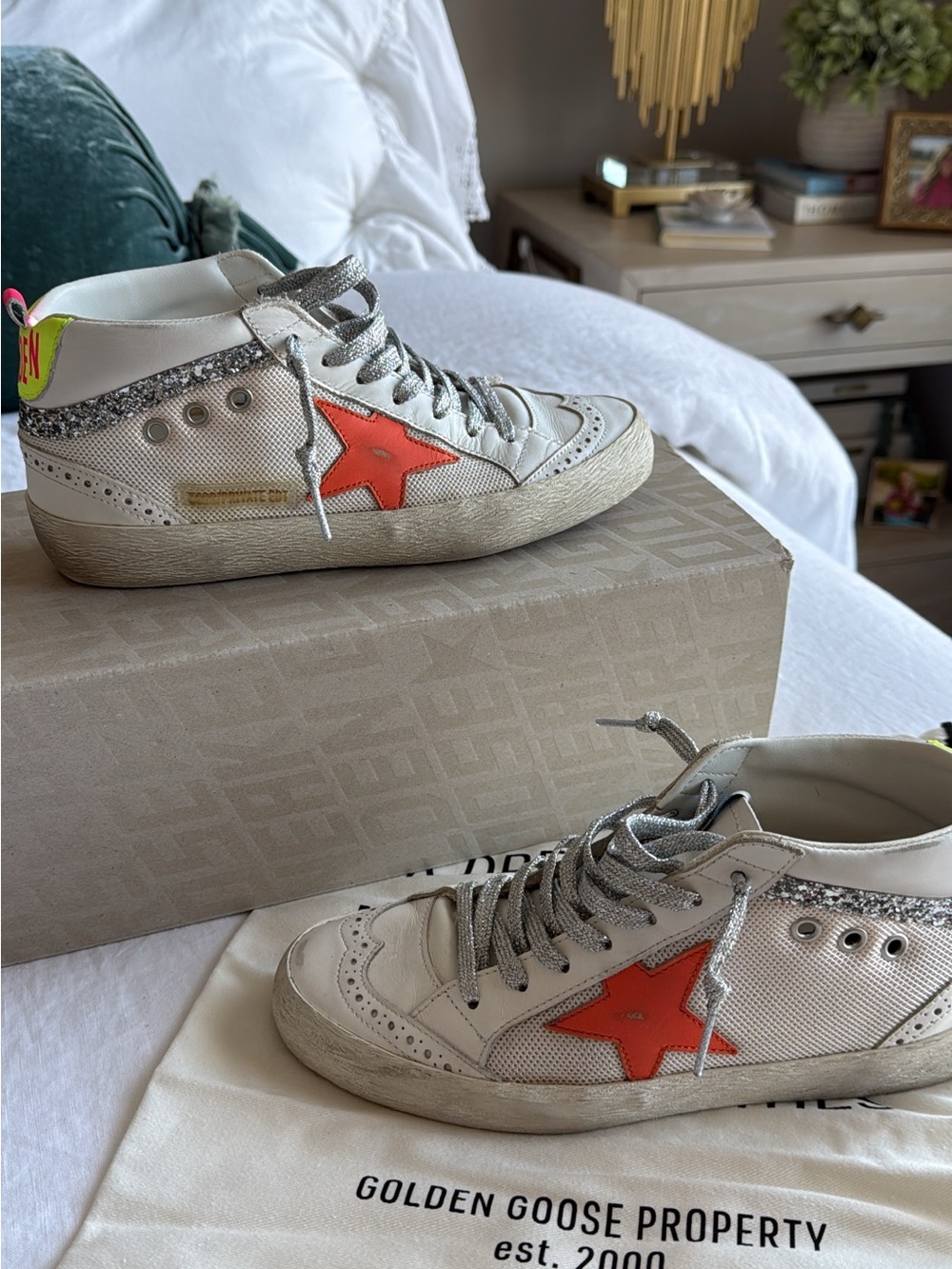 Golden Goose White Orange Silver Mid-Star Sneakers